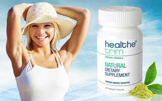 Bottle of Healthe Trim weight loss energy booster supplement with a young, healthy, skinny women in the summer.