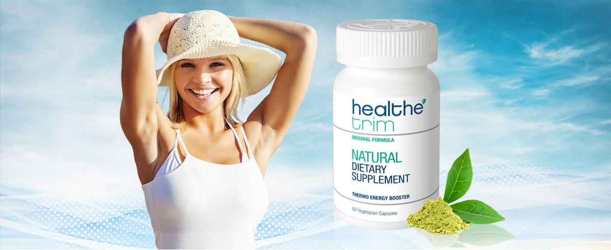 Bottle of Healthe Trim weight loss energy booster supplement with a young, healthy, skinny women in the summer.